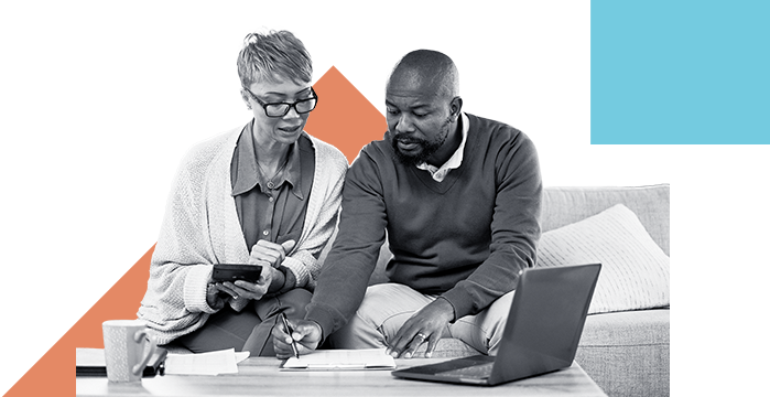 A man helping his mother with her personal checking account using Stellar Bank's banking solutions