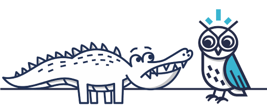 An illustrated owl working with a concerned alligator