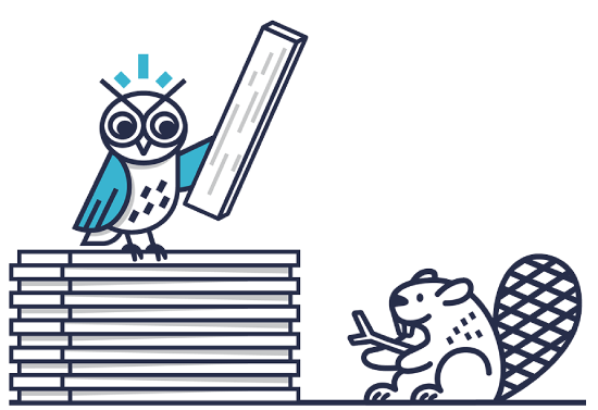An illustrated owl working with a busy beaver